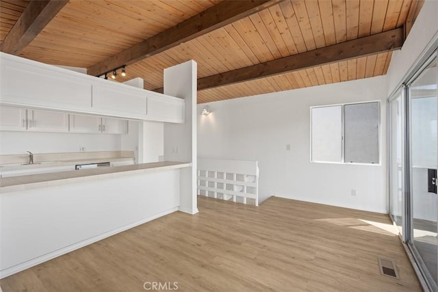 kitchen with visible vents, a sink, tile countertops, light wood-style floors, and white cabinets