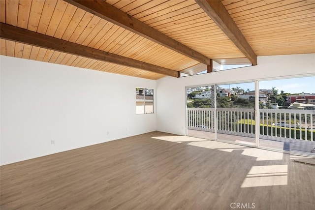 spare room featuring lofted ceiling with beams, wood finished floors, and wooden ceiling