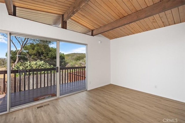 unfurnished room with visible vents, wood ceiling, lofted ceiling with beams, and wood finished floors