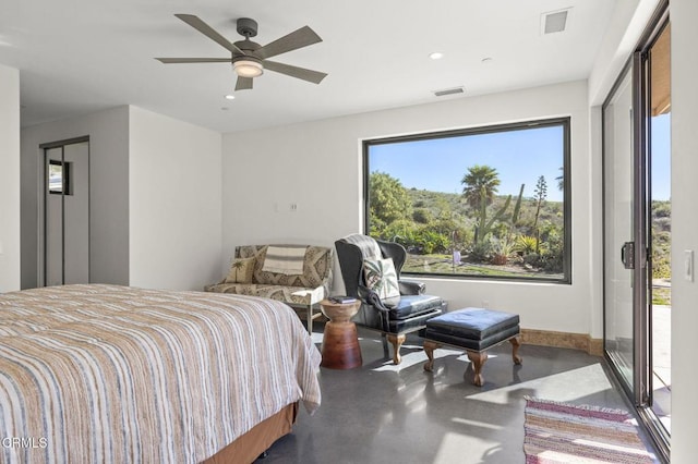 bedroom with visible vents, recessed lighting, and concrete flooring