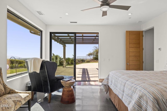bedroom with access to exterior, recessed lighting, visible vents, and concrete floors