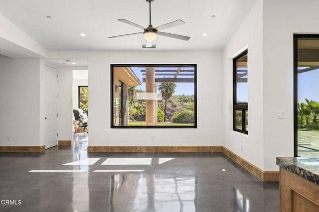 unfurnished room featuring recessed lighting, baseboards, and ceiling fan