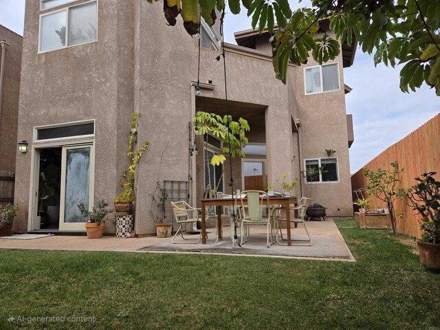 rear view of house featuring a yard, a fenced backyard, and stucco siding