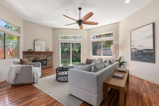 137 Jupiter St, Encinitas, CA 92024 - living room featuring a ceiling fan, a fireplace, wood finished floors, and recessed lighting