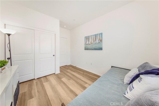 bedroom with a closet and light wood finished floors