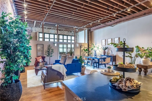 living area featuring a towering ceiling and wood finished floors