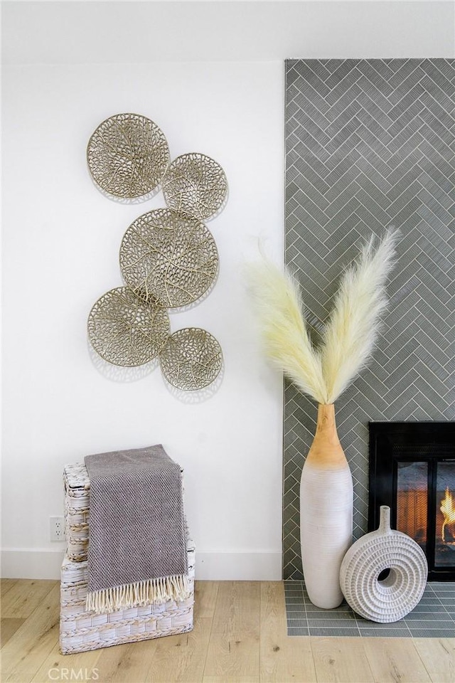 details featuring a fireplace with flush hearth, wood finished floors, and baseboards