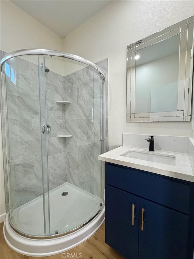 bathroom featuring a shower stall, vanity, and wood finished floors