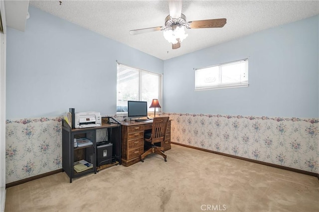 office space featuring a textured ceiling, wallpapered walls, carpet, and baseboards