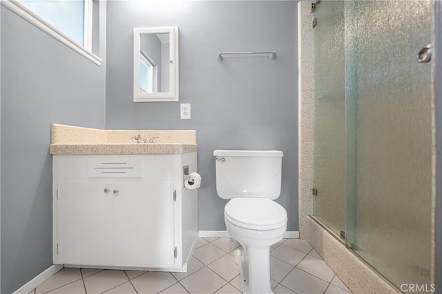 full bath featuring tile patterned floors, an enclosed shower, toilet, and vanity