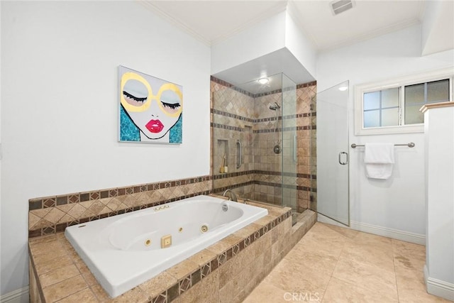 full bath featuring visible vents, a jetted tub, crown molding, baseboards, and a stall shower