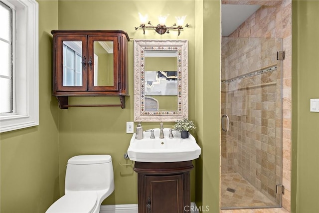 full bathroom with a wealth of natural light, toilet, a stall shower, and vanity