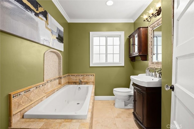 bathroom with vanity, tile patterned flooring, crown molding, a jetted tub, and toilet