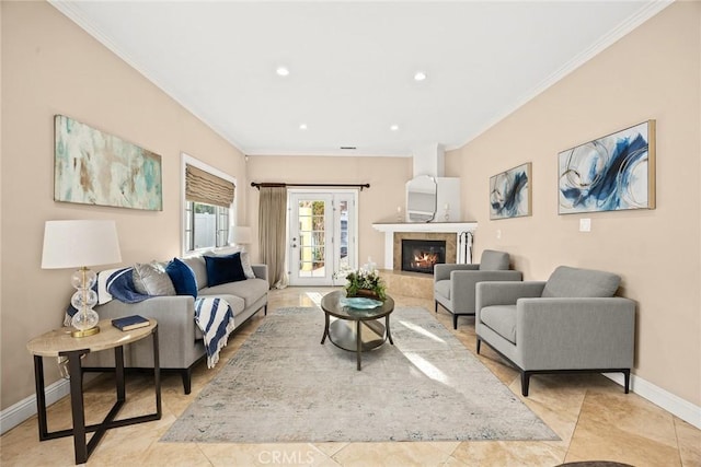 living area featuring crown molding, recessed lighting, baseboards, and a premium fireplace