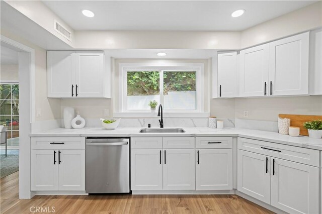 kitchen with a sink, visible vents, stainless steel dishwasher, and white cabinets