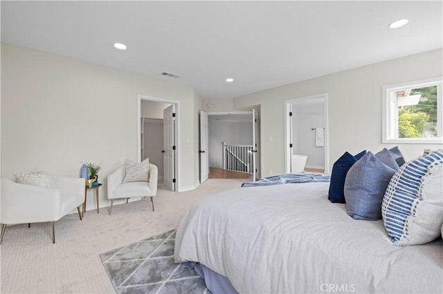 bedroom featuring recessed lighting, carpet, and visible vents