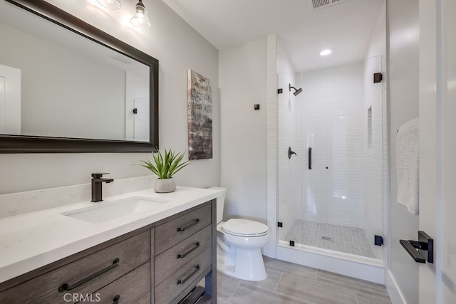 full bath featuring visible vents, a shower stall, toilet, and vanity