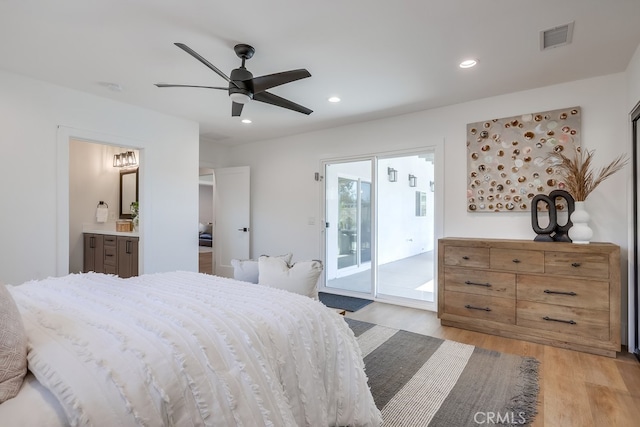 bedroom featuring access to exterior, light wood-style flooring, recessed lighting, and visible vents