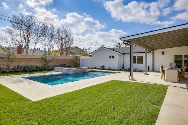 view of swimming pool with a fenced in pool, fence, a lawn, a patio area, and an in ground hot tub