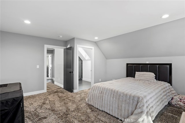 bedroom with recessed lighting, baseboards, lofted ceiling, and carpet flooring