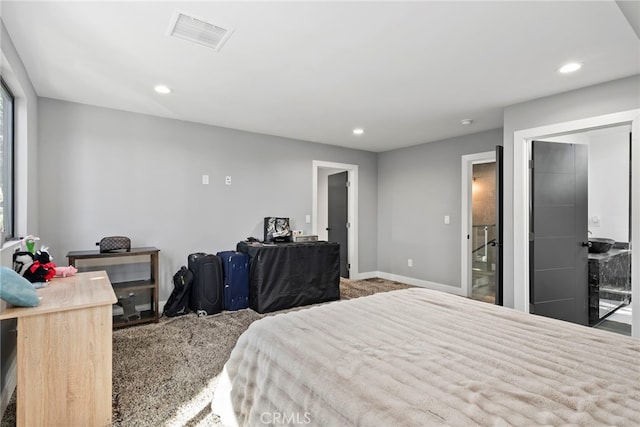 bedroom featuring carpet, recessed lighting, visible vents, and baseboards