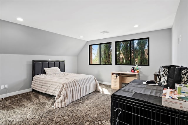 bedroom with recessed lighting, baseboards, carpet, and vaulted ceiling