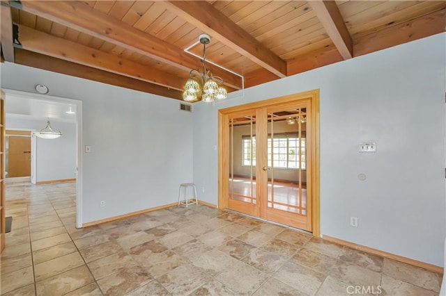 spare room featuring visible vents, baseboards, beamed ceiling, french doors, and wooden ceiling