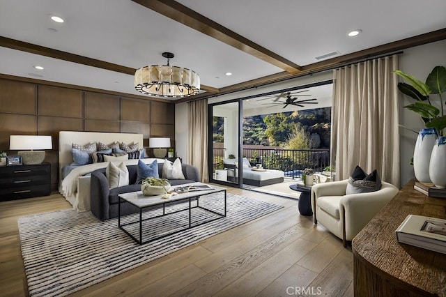 9522 N Andora Ave, Chatsworth, CA 91311 - bedroom featuring a notable chandelier, light wood-style flooring, visible vents, access to exterior, and beamed ceiling