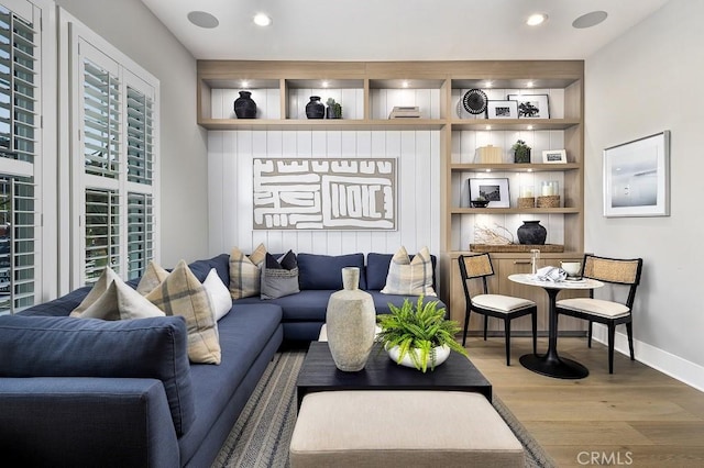 9522 N Andora Ave, Chatsworth, CA 91311 - living room featuring built in features, baseboards, recessed lighting, and wood finished floors