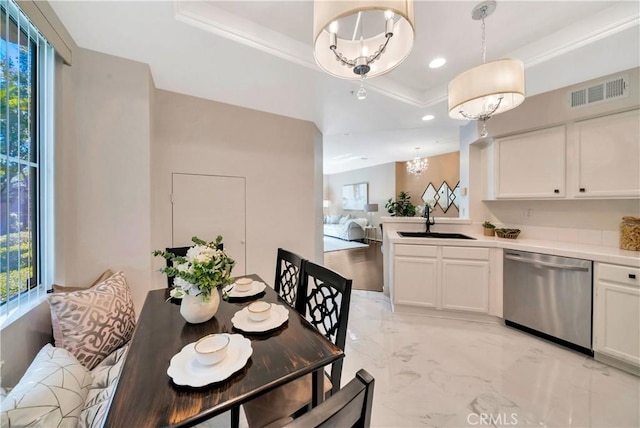 dining area with visible vents, marble finish floor, recessed lighting, a raised ceiling, and a chandelier