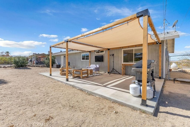 rear view of property featuring central air condition unit, fence, outdoor lounge area, and a patio area