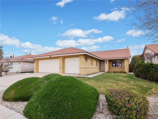 view of front of property featuring an attached garage, stucco siding, concrete driveway, a front lawn, and a tile roof