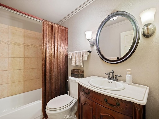 bathroom with vanity, shower / bath combination with curtain, crown molding, toilet, and a textured wall