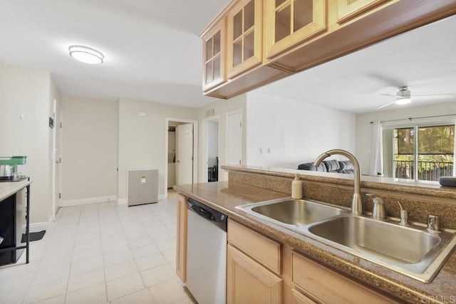 kitchen featuring a ceiling fan, light tile patterned flooring, a sink, glass insert cabinets, and dishwasher