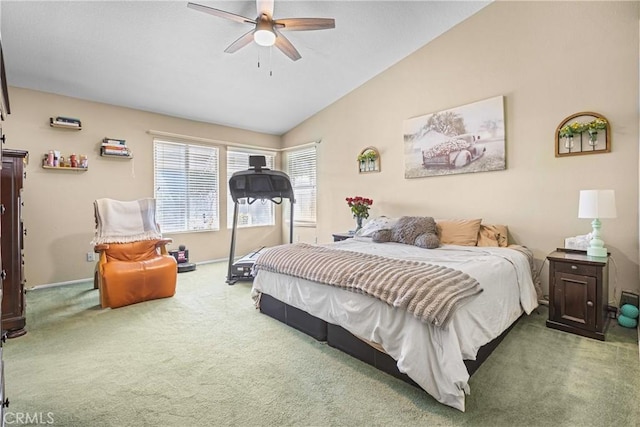 bedroom featuring ceiling fan, lofted ceiling, and carpet