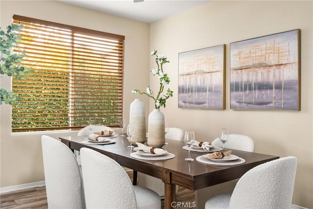 dining room featuring wood finished floors and baseboards