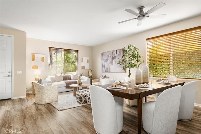 dining room featuring baseboards, wood finished floors, and a ceiling fan