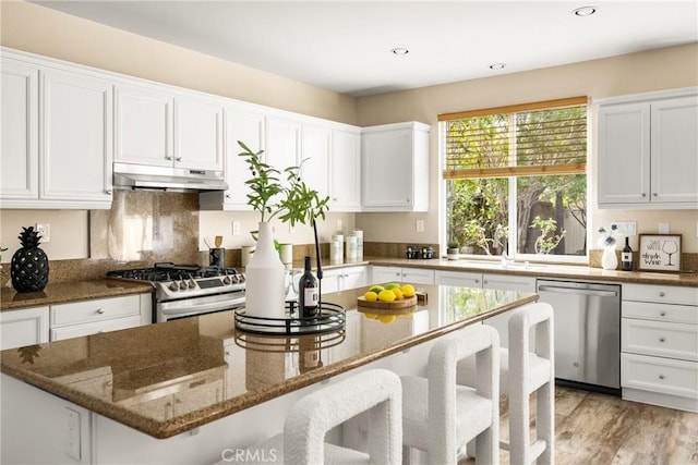 kitchen featuring under cabinet range hood, a kitchen breakfast bar, a center island, stainless steel appliances, and white cabinets