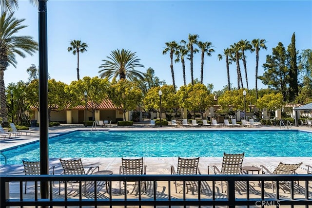 pool with outdoor dining area and a patio area