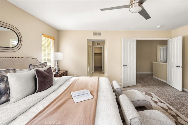 bedroom featuring visible vents, ceiling fan, baseboards, and carpet