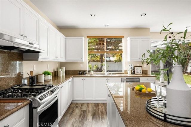 kitchen featuring dark stone counters, stainless steel appliances, under cabinet range hood, white cabinetry, and light wood-type flooring