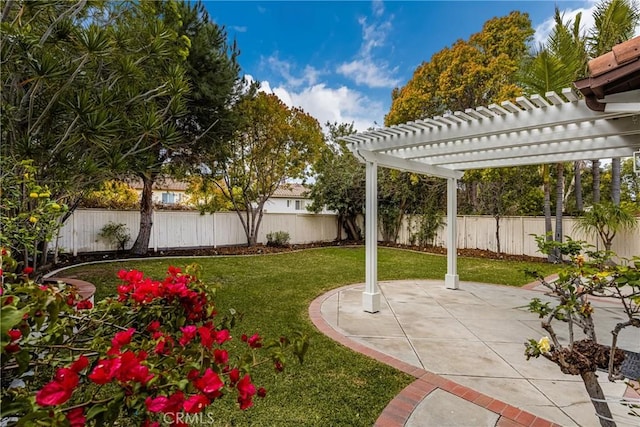 view of yard featuring a fenced backyard, a pergola, and a patio area