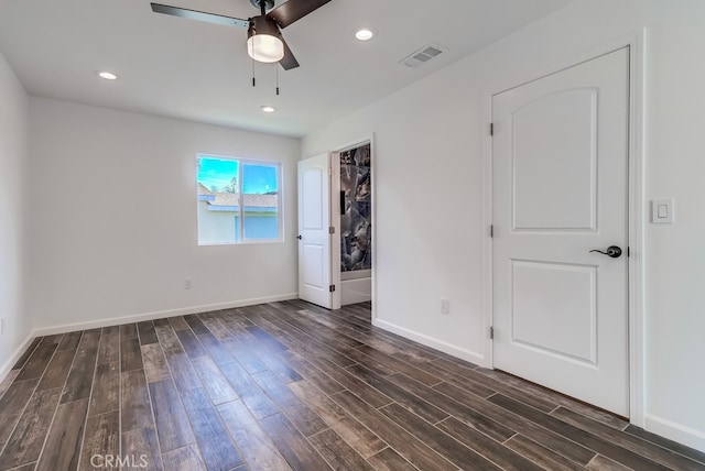 unfurnished bedroom featuring a ceiling fan, baseboards, visible vents, recessed lighting, and dark wood-style flooring