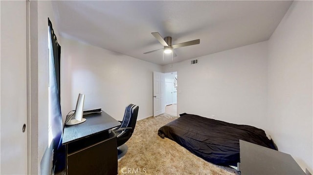 bedroom featuring carpet flooring, visible vents, and ceiling fan