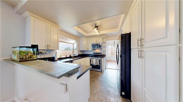 kitchen featuring a peninsula, a sink, stainless steel appliances, a textured ceiling, and a raised ceiling