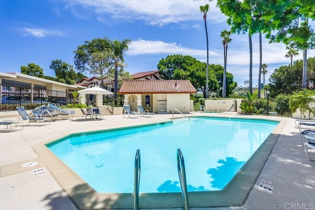 pool featuring a patio and fence