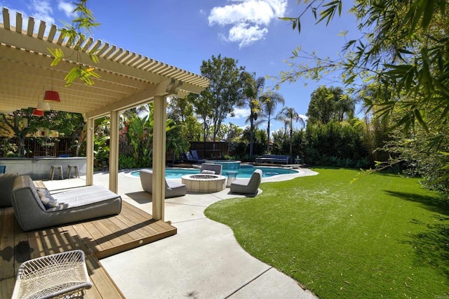 exterior space with an in ground hot tub, a fenced backyard, an outdoor pool, and a pergola