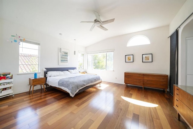 bedroom featuring a ceiling fan, vaulted ceiling, and wood finished floors