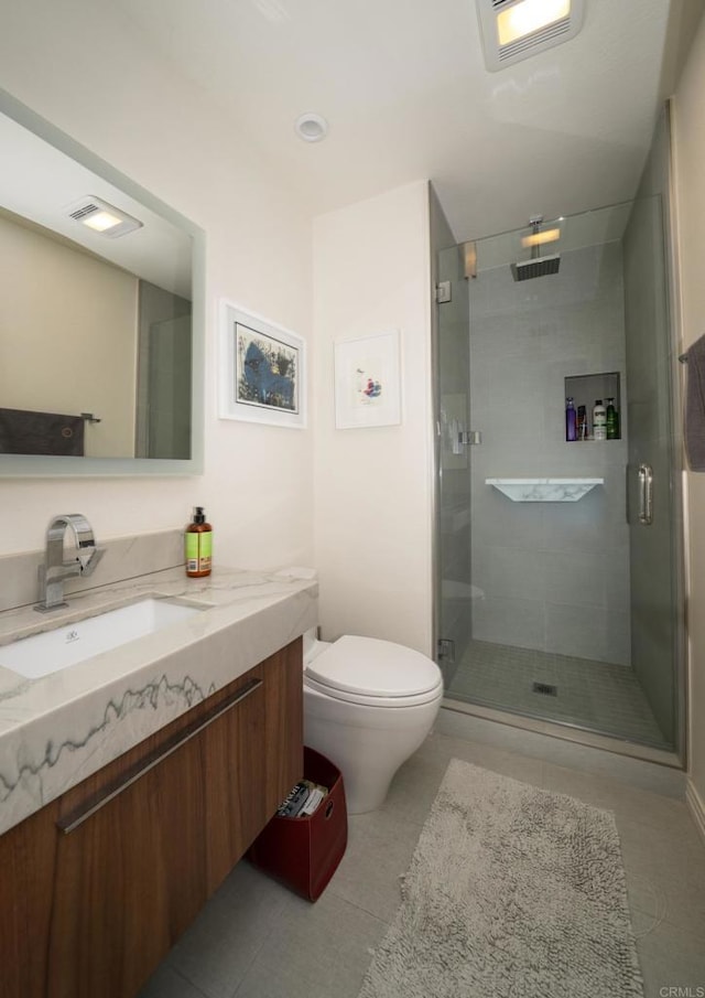 full bath with vanity, visible vents, tile patterned flooring, a shower stall, and toilet