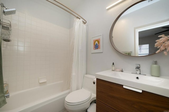 full bath with toilet, vanity, and shower / bathtub combination with curtain